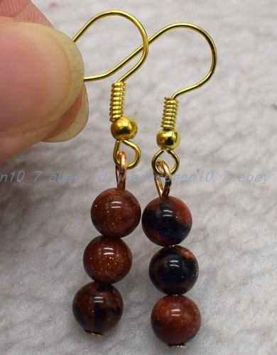 Beautiful Fashion 6mm Goldstone Gemstone Round Beads Dangle Hook Earrings - Picture 11 of 12