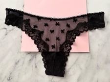 Victoria's Secret Thong Panty Sheer Black Mesh Flocked Bow High Leg S M L XL