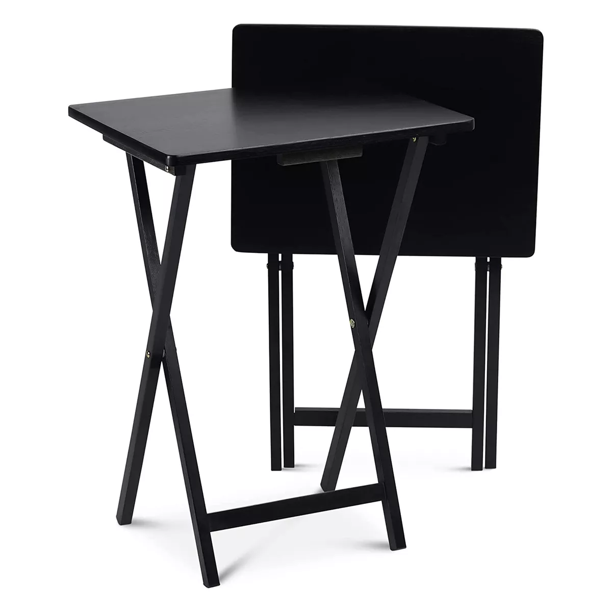 PJ Wood Folding TV Tray Tables with Compact Storage Rack Black 2