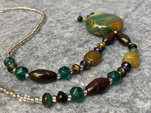 Handmade Agate Necklace Natural Banded Pendant Beaded Green Orange Wearable Art - Picture 12 of 15