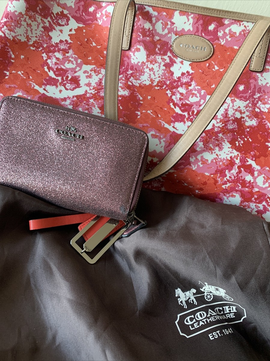 Coach Large Floral Red / Pink /White Saffiano Leather Handbag