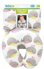Baby Travel Pillow with Seat Belt Covers for baby ages 1 - 2 years Pink Whales