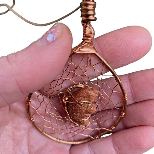 Red Goldstone Crescent Moon & Copper Dreamcatcher Wire Wrap Pendant Gift For Mom - Picture 10 of 10