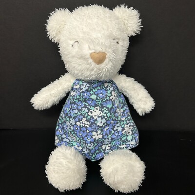 Carters White Bear Plush Blue Floral Dress Closed Eyes 10'' Stuffed Animal 15054