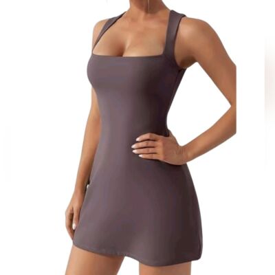 Qinsen Woman s Square Neck Mini Dress Sleeveless Tank Stop Stretch Flare Size S