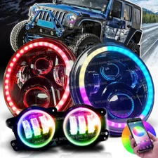 RGB Halo 7" LED Headlight + 4INCH Fog Light KIT for 07-2018 Jeep Wrangler JK JKU