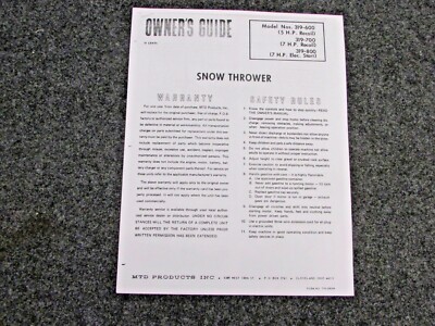VINTAGE MTD SNOW THROWER OWNERS MANUAL PARTS LIST MODEL 319-600
