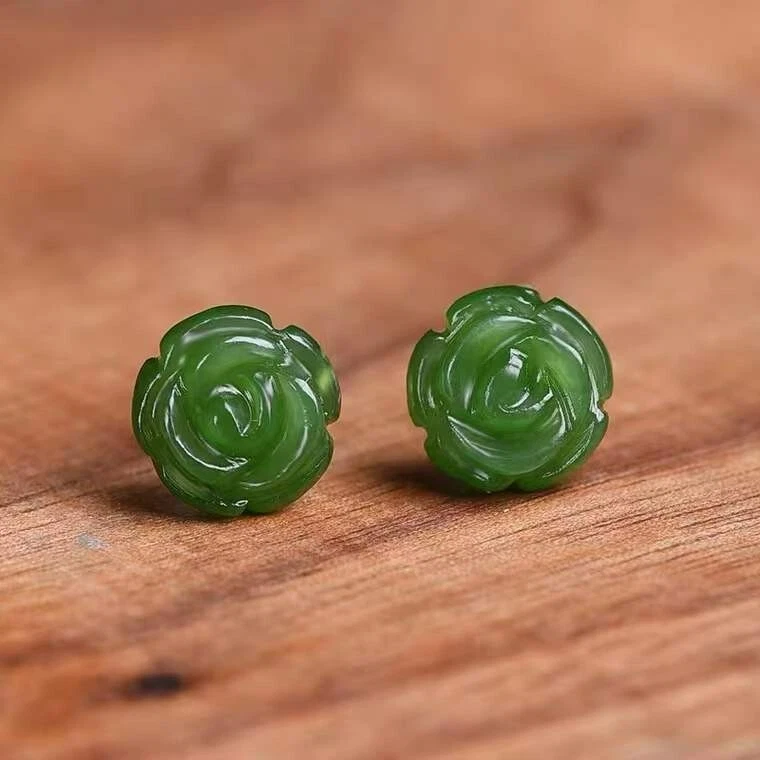 Hand Carved Green Jade Rose Flower Sliver Healing Reiki Dainty Stud Earrings - Image 3 of 4