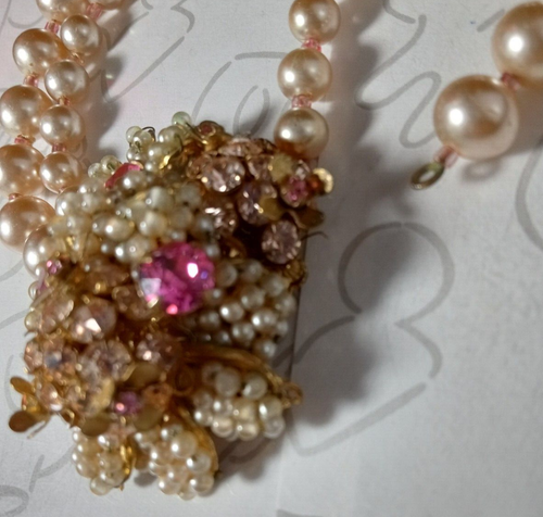 Miriam Haskell Pearl Choker Pink White Flower Necklace & Bracelet Set Signed - Picture 9 of 23
