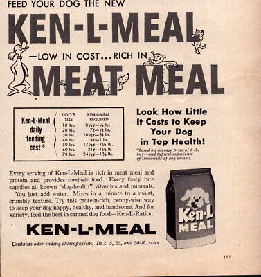 Ken-L-Meal Dog Food Low Cost Rich in Meat Healthy Happy Vintage Print Ad 1953