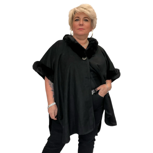 ROCKTHOSECURVES WOMENS CAPE PONCHO FLEECE OVERSIZED + FAUX FUR COLLAR PLUS SIZE - Picture 10 of 12