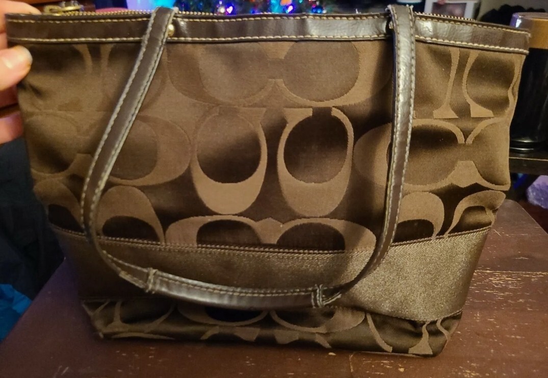 Coach F18037 Signature Stripe Brown Sateen Handbag Purse | eBay