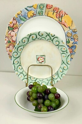 CORNING Corelle- Watercolors, 3pc Dinnerware Set, Green, Floral, Fruits, Vines