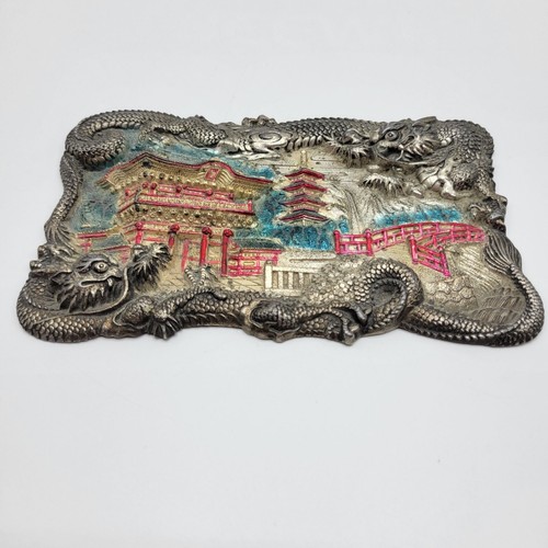 Targa rettangolare metallo scenico drago giapponese asiatico vintage ponte pagoda - Foto 3 di 11