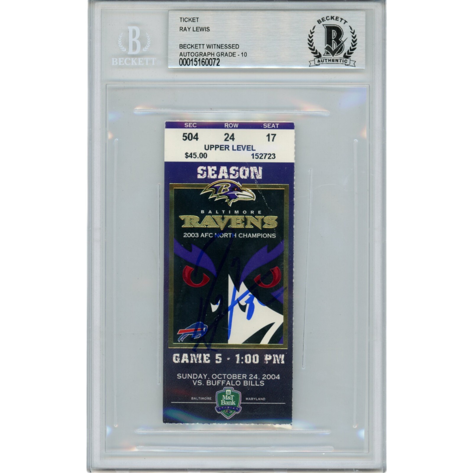 Ray Lewis Autographed Signed Baltimore Ravens 10/24/04 Ticket Stub Beckett 