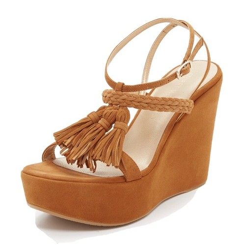 STUART WEITZMAN 10 Tasselmania Camel Wedge Sandal Platform Suede Tassel |  eBay