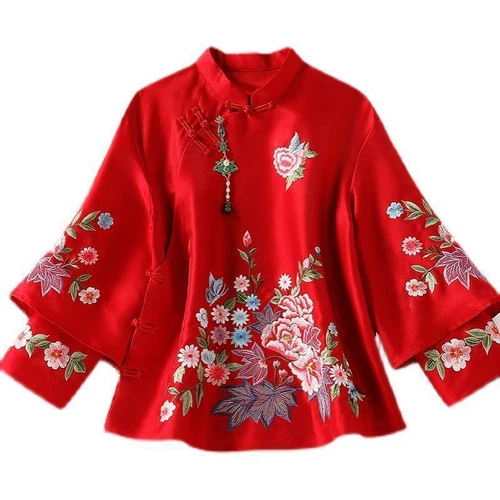 Mujeres Chino Tang Prendas para el torso Tradicional Bordado Chaqueta Ropa Cuello Soporte Abrigo - Imagen 8 de 18