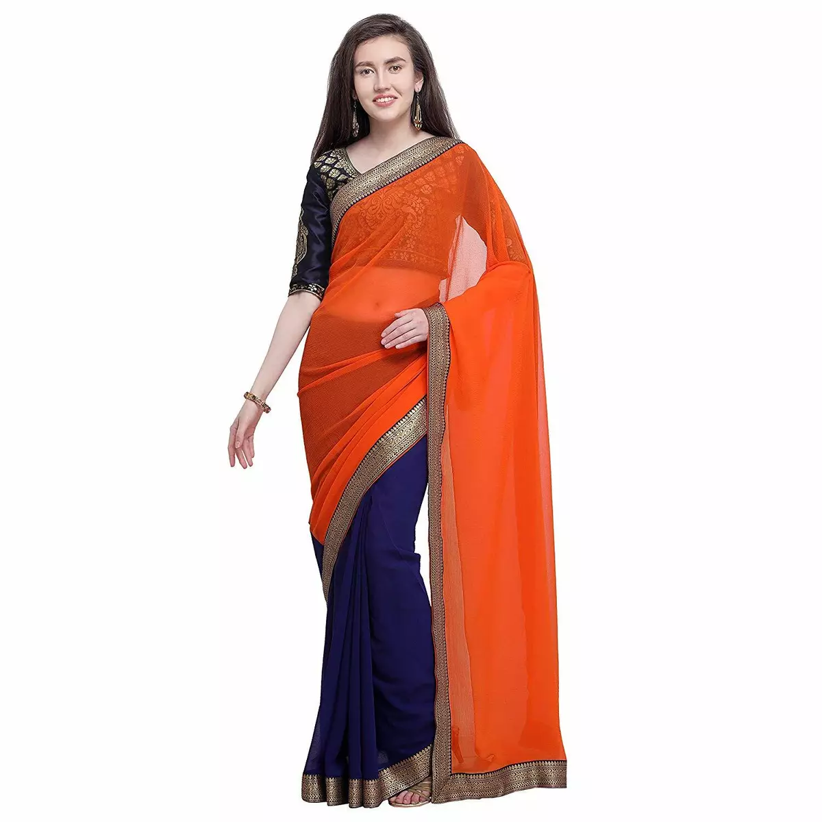 Orange Blue Half n Half Saree Party Wear Indian Ethnic Wedding Designer Sari