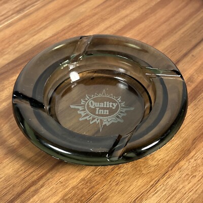 Vintage Quality Inn 5'' Diameter Circular Smoke Glass Ashtray White Lettering