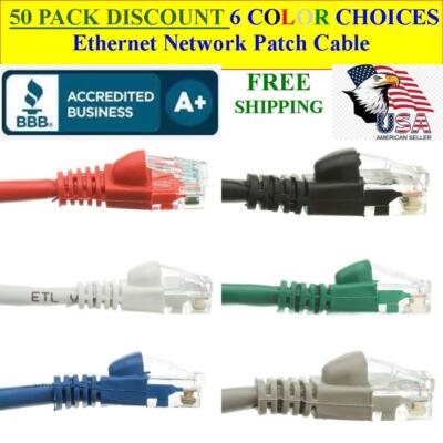 50 PACK 7 Ft Cat5e Ethernet Network Computer Patch Cable for PC, XBOX, PS3, PS4
