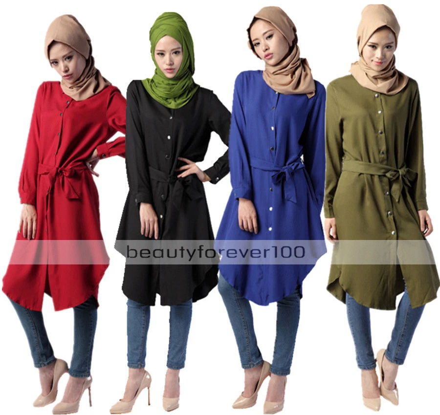 Women Muslim Shirt Tops Maxi Dress Islamic Jilbab Arab Long Sleeve Slim | eBay