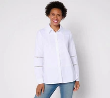 Attitudes by Renee Woven Button-Front Top with Lace Trim Shirt White XXS New