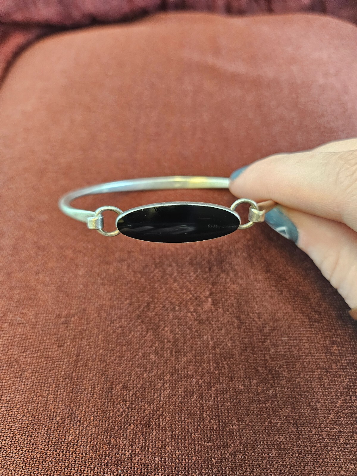 Sterling Silver 925 Bracelet Black Onyx Stone Cuff Bangle 33g Abstract Bezel Set