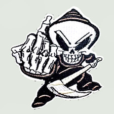 SKULL BIKER PATCH HOLDING UP Middle Finger GRIM REAPER EMBROIDERED PATHES 2.5"