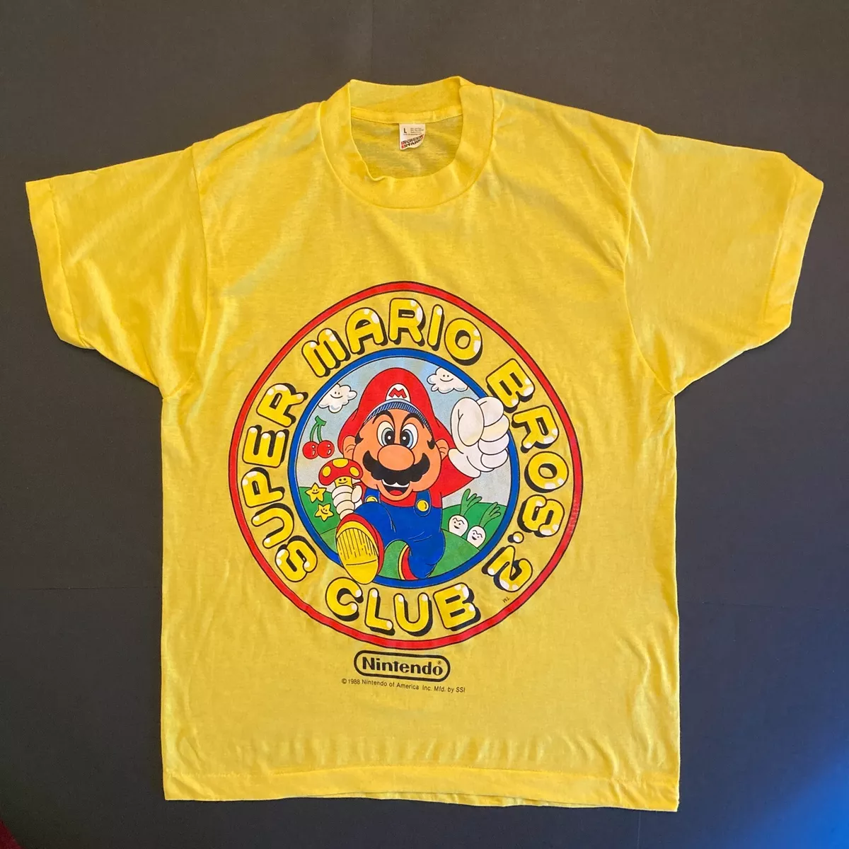 VINTAGE (1988) NINTENDO SUPER MARIO BROS 2 CLUB T-SHIRT - YELLOW - LG -  RARE