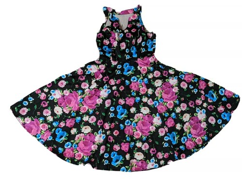 HEARTS & ROSES BLACK & PINK FLORAL NIGHT BEAUTY ROCKABILLY SWING DRESS SZ 8 - Picture 1 of 12