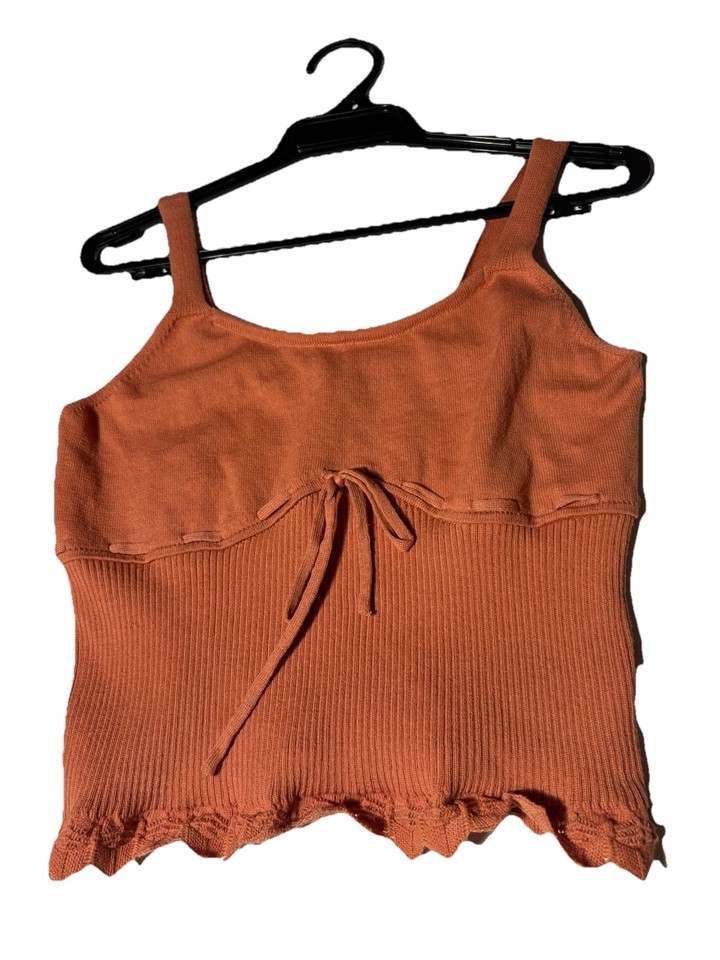Ladies Crop Top Size 14 , TAN brown ,Cotton Blend, Knit Style With Tie At Front