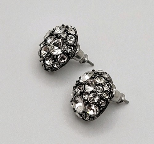 Vtg Patricia Locke Silver Tone Crystals Post Earrings Domed Handmade USA Signed - Picture 5 of 10