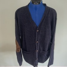 VTG Eddie Bauer 100% Wool Dark Navy Blue Elbow Patch Cardigan Medium USA Made