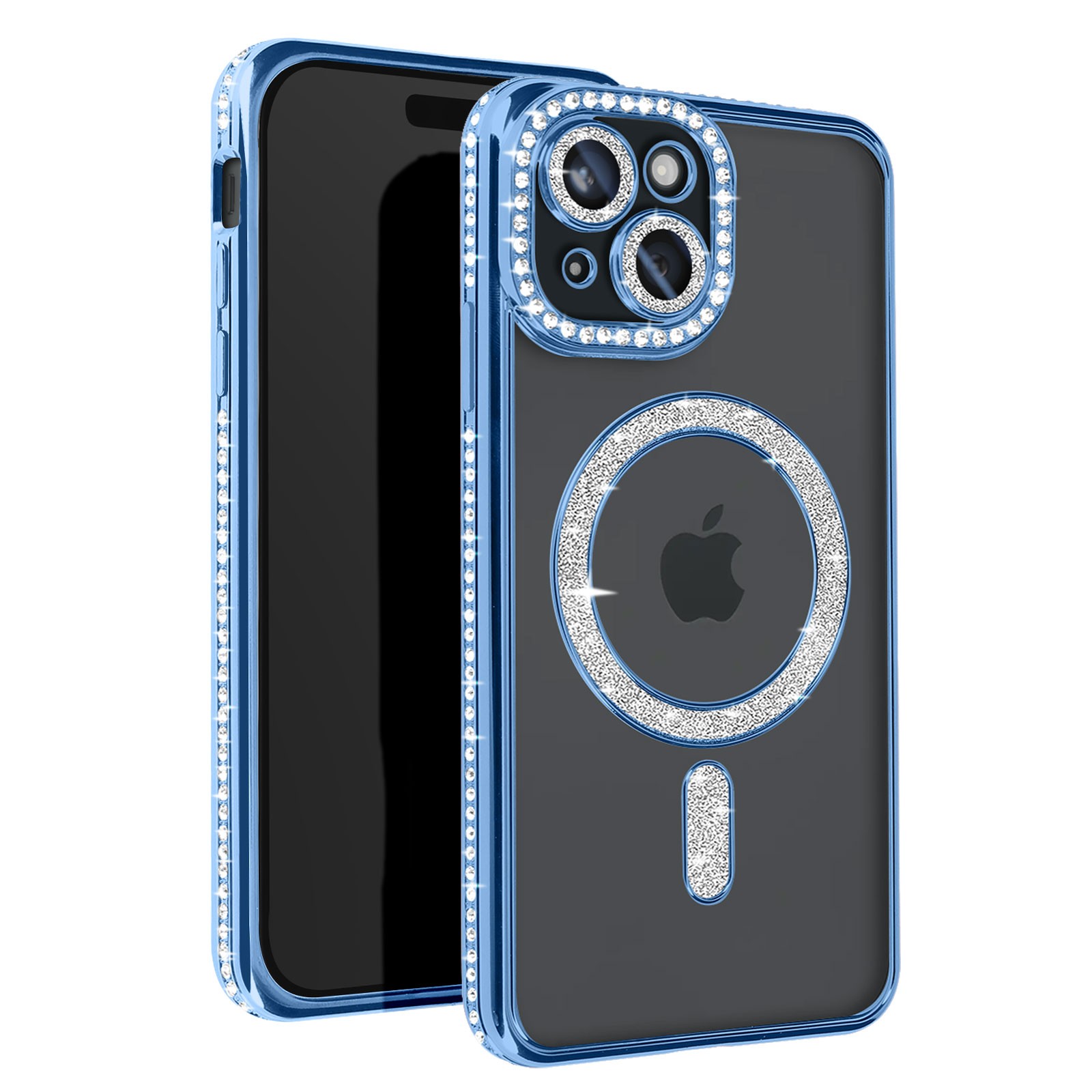 Coque iPhone 15 Avizar diamant bleu clair silicone gel et strass antichoc