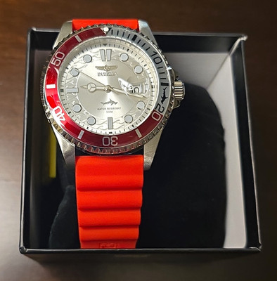 Invicta Men's Quartz Diver Watch 47mm 100m Red Silicone Strap Silver Dial Date