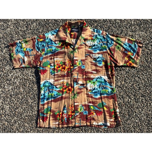 Vtg Network Hawaiian short sleeve Shirt Mens M brown shell Rayon aloha