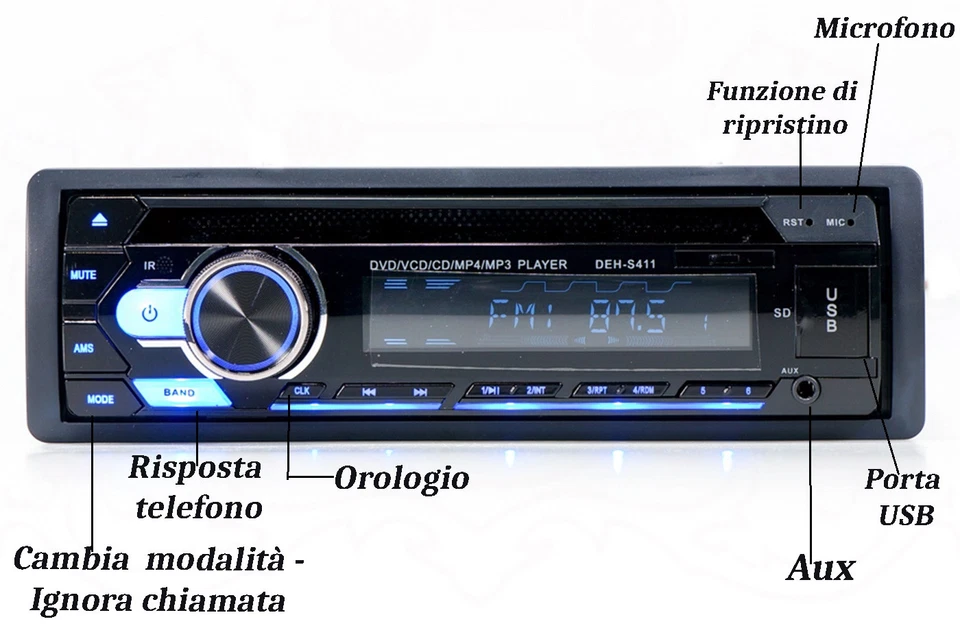 Autoradio Stereo DVD VCD CD MP3 Bluetooth USB Frontalino Estraibile 4x25W - Immagine 3 di 4