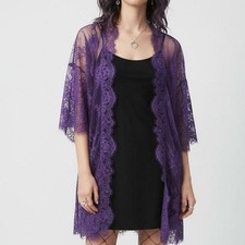 Purple Floral Lace Kimono Cardigan with Scalloped Edges