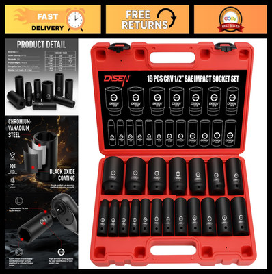19 Pcs 1/2'' SAE Impact Socket Set - Deep 6-Point Cr-V & Alloy Steel, Durable Cas