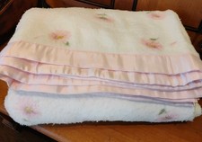 Vintage Floral Blanket Pink Rose Flowers Satin Trim Bedding 78"x66"