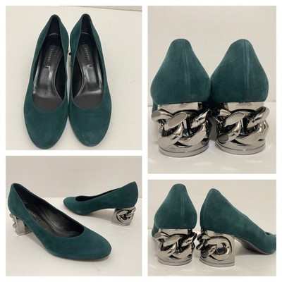 EUC Casadei Green Suede Leather Metallic Silver Chain Block Heel Pumps 7 Italian