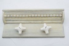 Rustic Whitewashed Wood Towel Rack w Hot Cold Faucet Knob Hooks 17in Farmhouse