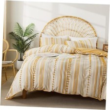 Washed Cotton Size Duvet Cover Set - Tufted Dots Boho Chic Bedding Queen Yellow