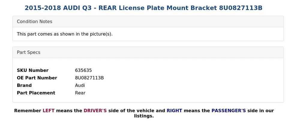 2015-2018 AUDI Q3 - REAR License Plate Mount Bracket 8U0827113B - Image 4 of 4