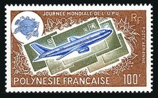 French Polynesia C121, MNH. Michel 202. UPU Day 1975. Emblem, Jet, Letters.
