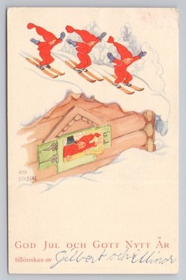 Aina Stenberg Weihnachten Mini Postkarte Ski Elfen Wichtel Schweden 1957 TB Robbe