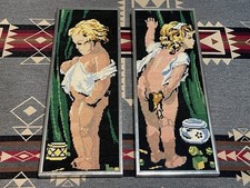 Vintage Needlepoint Lot Of 2 Children Babies Blonde Bath time 19x7 Art