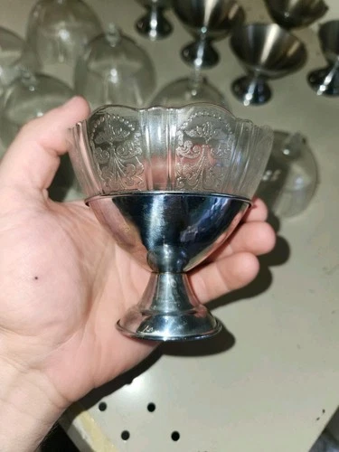 Vtg Macbeth Evans American Sweetheart Depression Glass Chrome Sherbet Cups 7