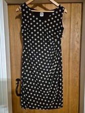 Anne Klein Dress Ladies Size 10 Black Polka Dot Sweep Pleated Waist Flattering