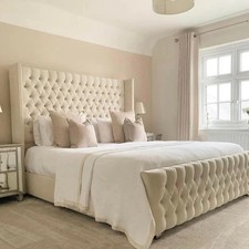 Image of Double Winged Chesterfield Bed Frame Plush Velvet Upholstered Gas Lift Storage